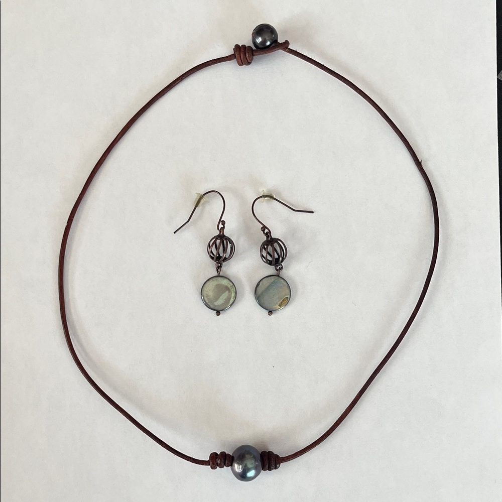 Brown Leather Cord Necklace and Iridescent Drop Earrings Set